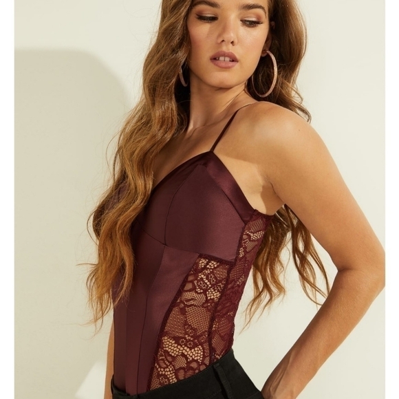 GUESS Lory Mix Bodysuit Sz. XS Cherry Wood* Final Sale!* - Picture 1 of 10